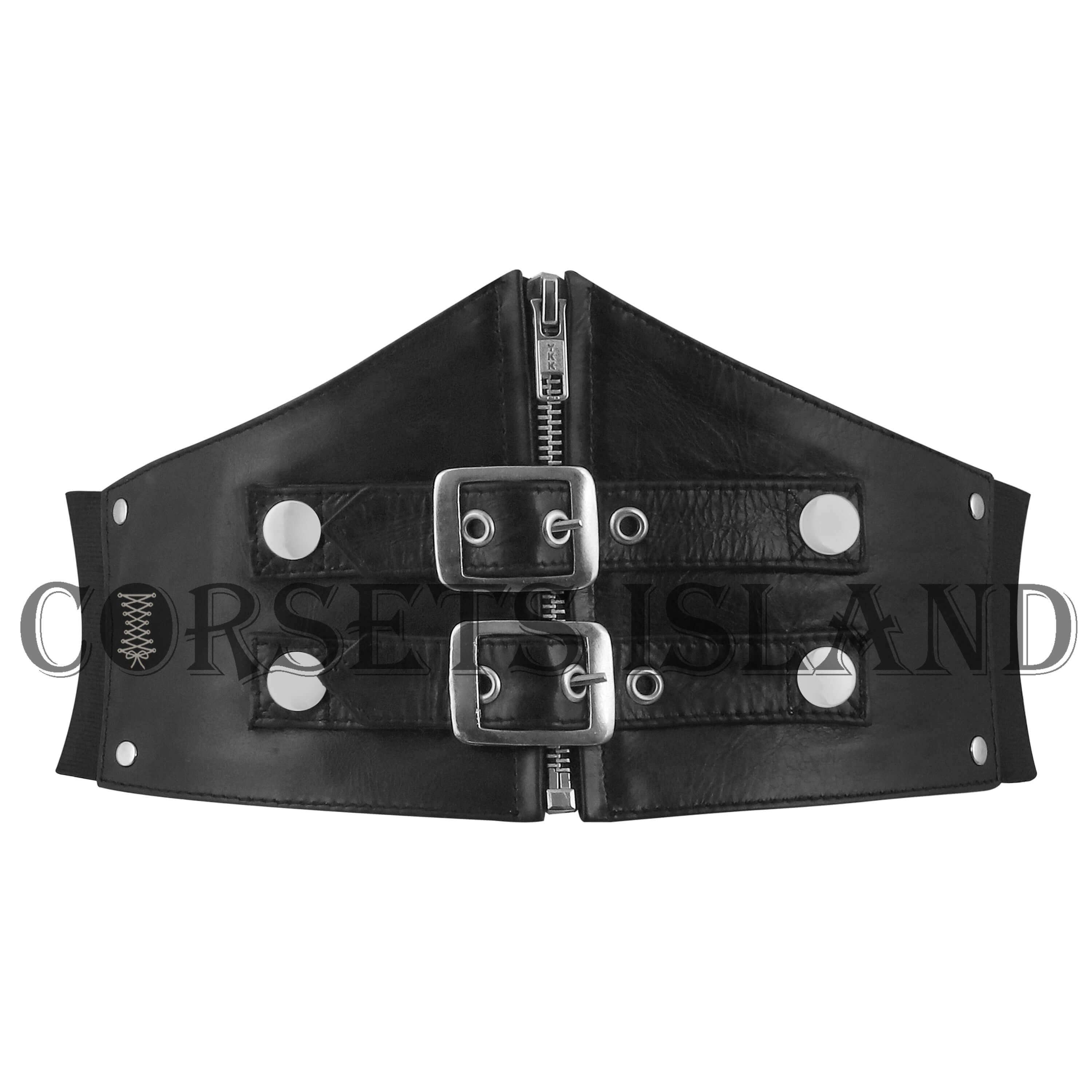 Black Leather Corset Belt with Silver Buckles – Waist Cincher Style