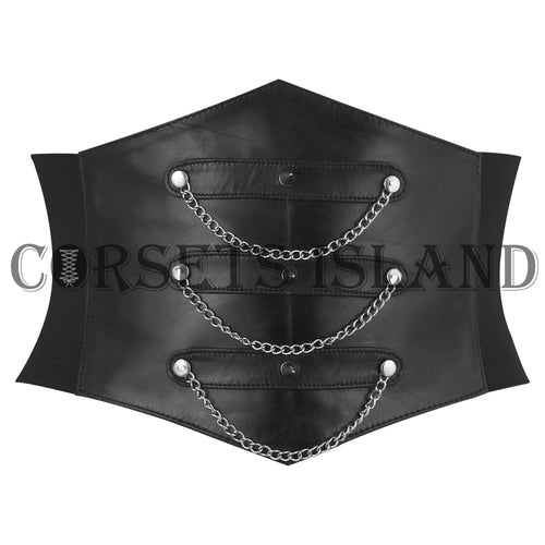 Black Leather Gothic Corset Belt with Chains for Women
