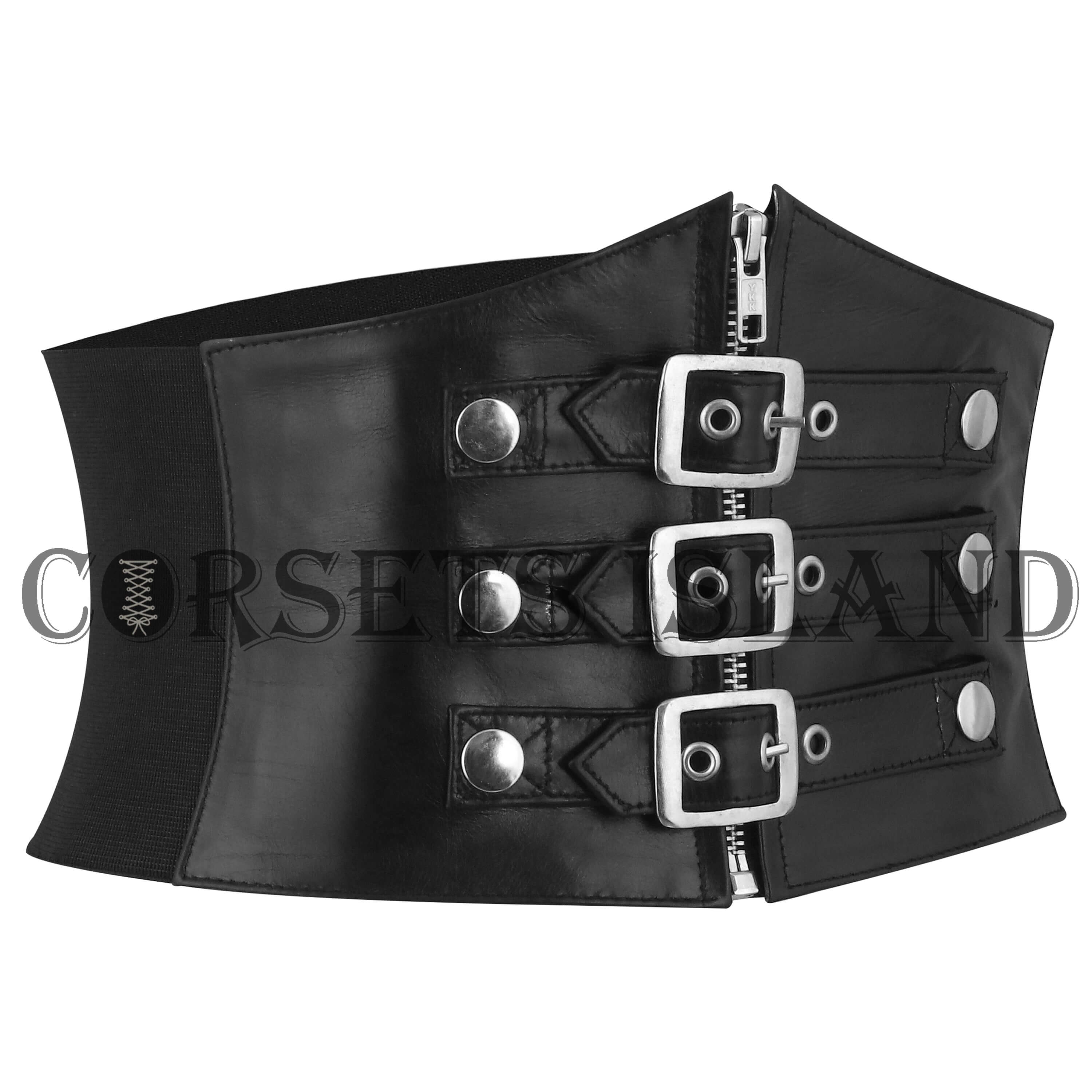 Black Leather Zipper Buckle Corset Belt for Women - Waist Cincher
