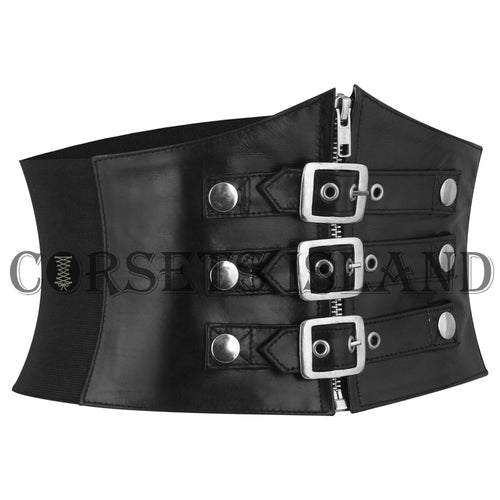 Black Leather Zipper Buckle Corset Belt for Women - Waist Cincher
