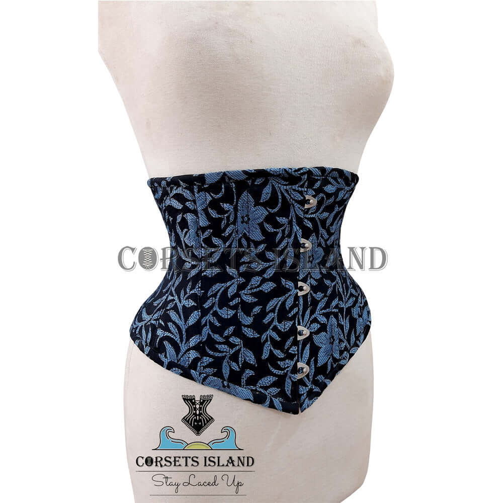 Blue Brocade Corset with Front Closure for Waist Training