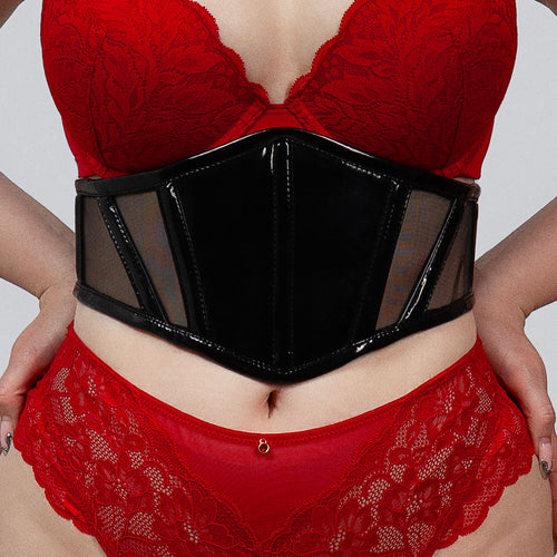 Sloane – Schwarzer Korsettgürtel aus PVC und Mesh