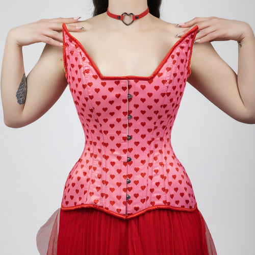 Quinn - Lestat shape - Double Steel Boned Pink Red Heart Pin-up Corset