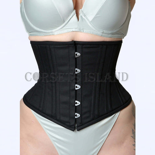alice black cotton waspie corset front view hook and eye closure bone channels corsets island