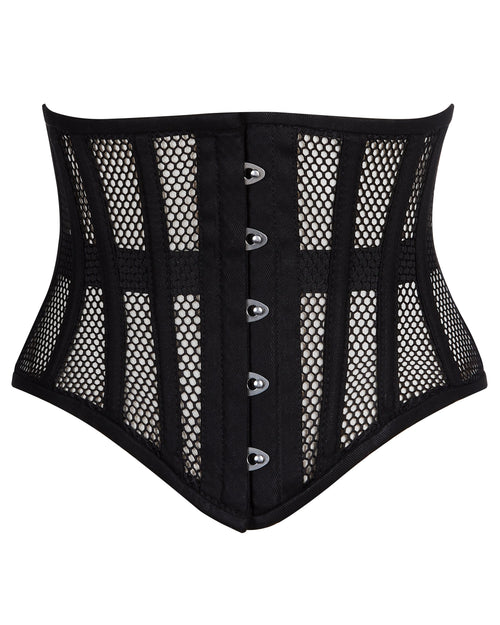 alice black mesh underbust waspie corset front view hook and eye closure corsets island