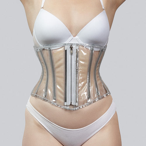 Transparent PVC corset front view showing zip closure and steel boning -- Alice by Corsets Island