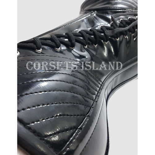 black pvc overbust corset lace-up eyelet closeup - corsets island