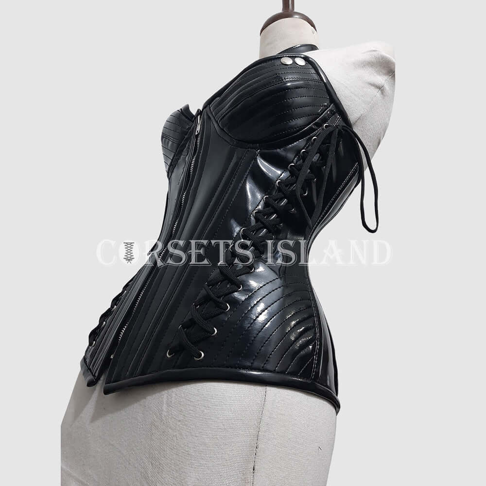 Schwarzes PVC Überbrust-Korsett – Stahlstäbchen zur Taillenformung & für Cosplay