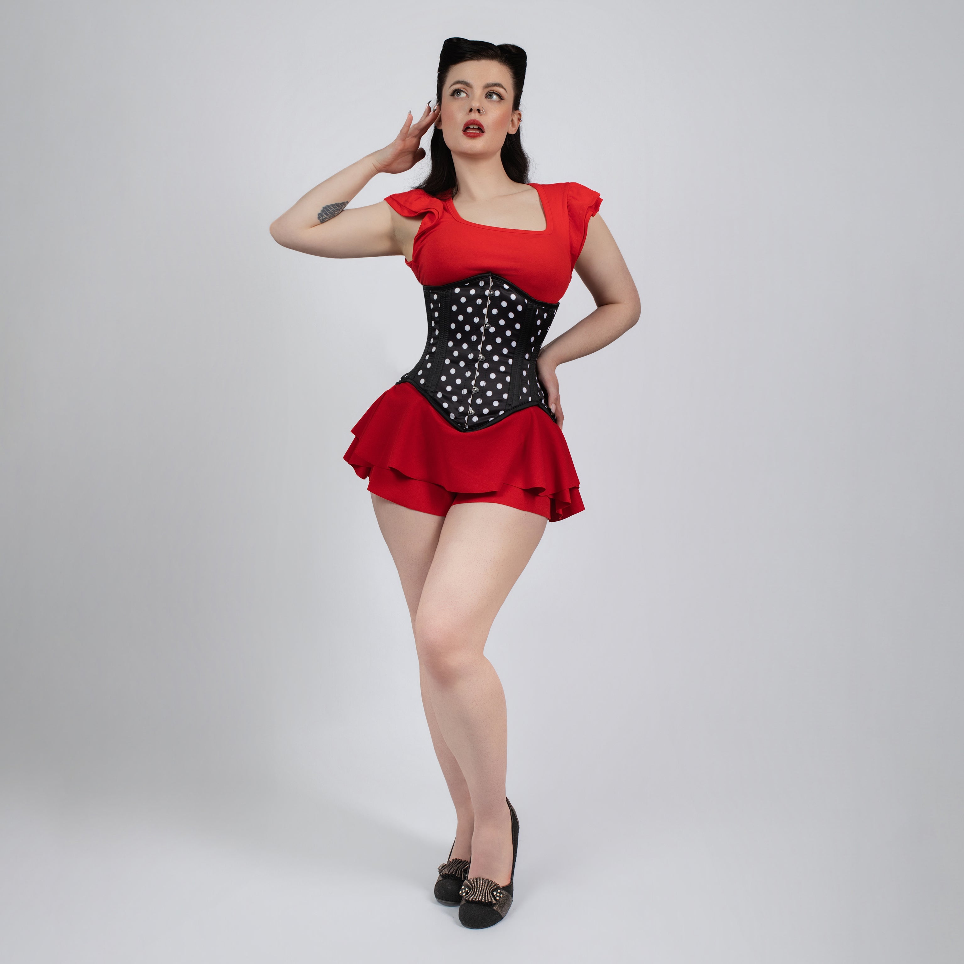 Mina - Black White Polka Dot Pin Up Underbust Waist Training Corset