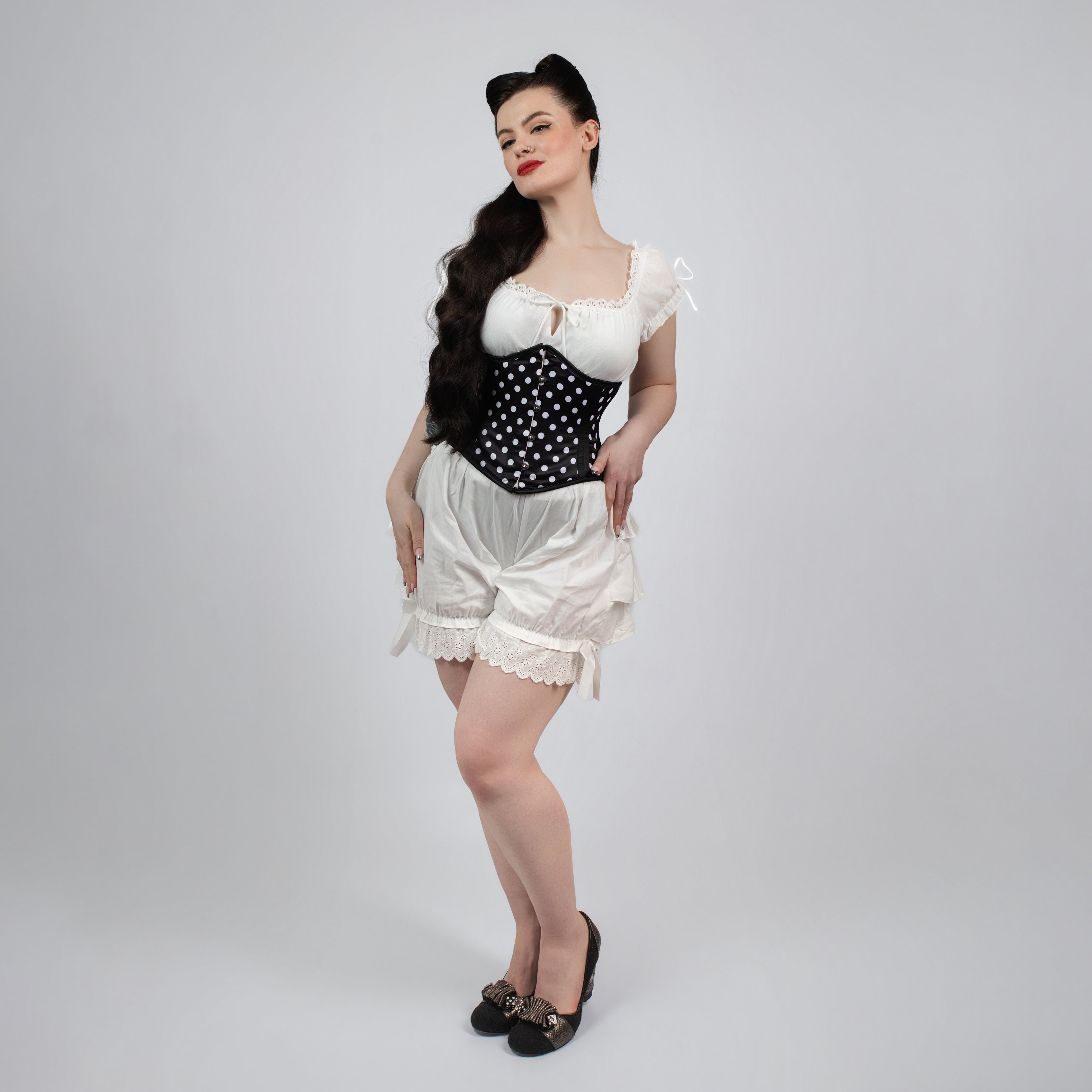 Lily - Black White Polka Dot Pin Up Steel Boned Waspie Corset