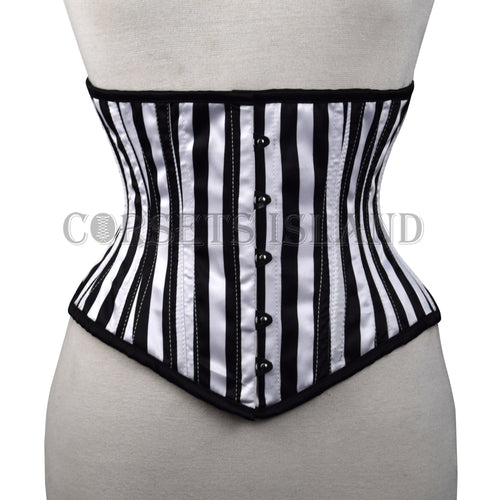 black and white striped waspie corset - alice satin steel boned - corsets island