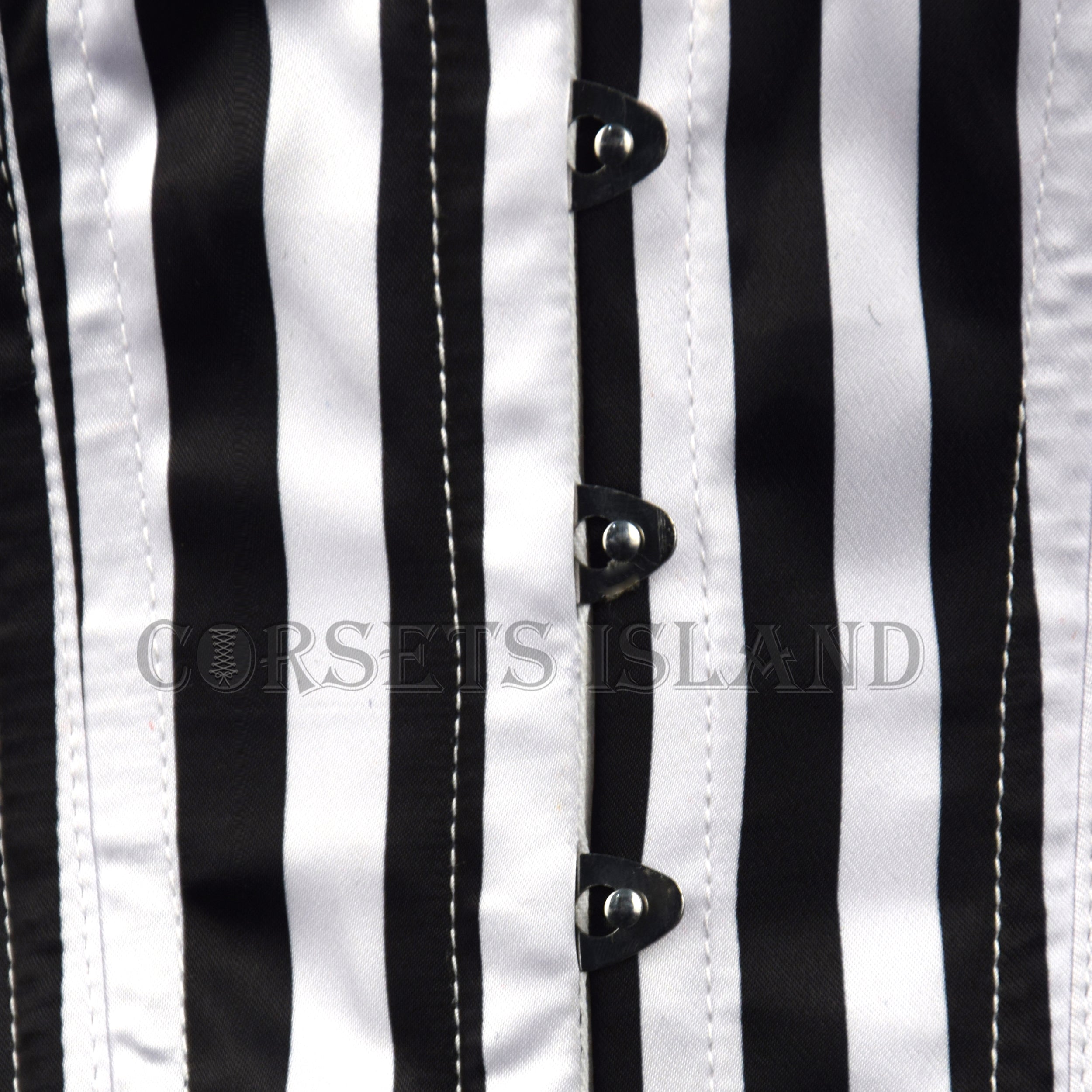 black and white striped waspie corset hook and eye closure - corsets island