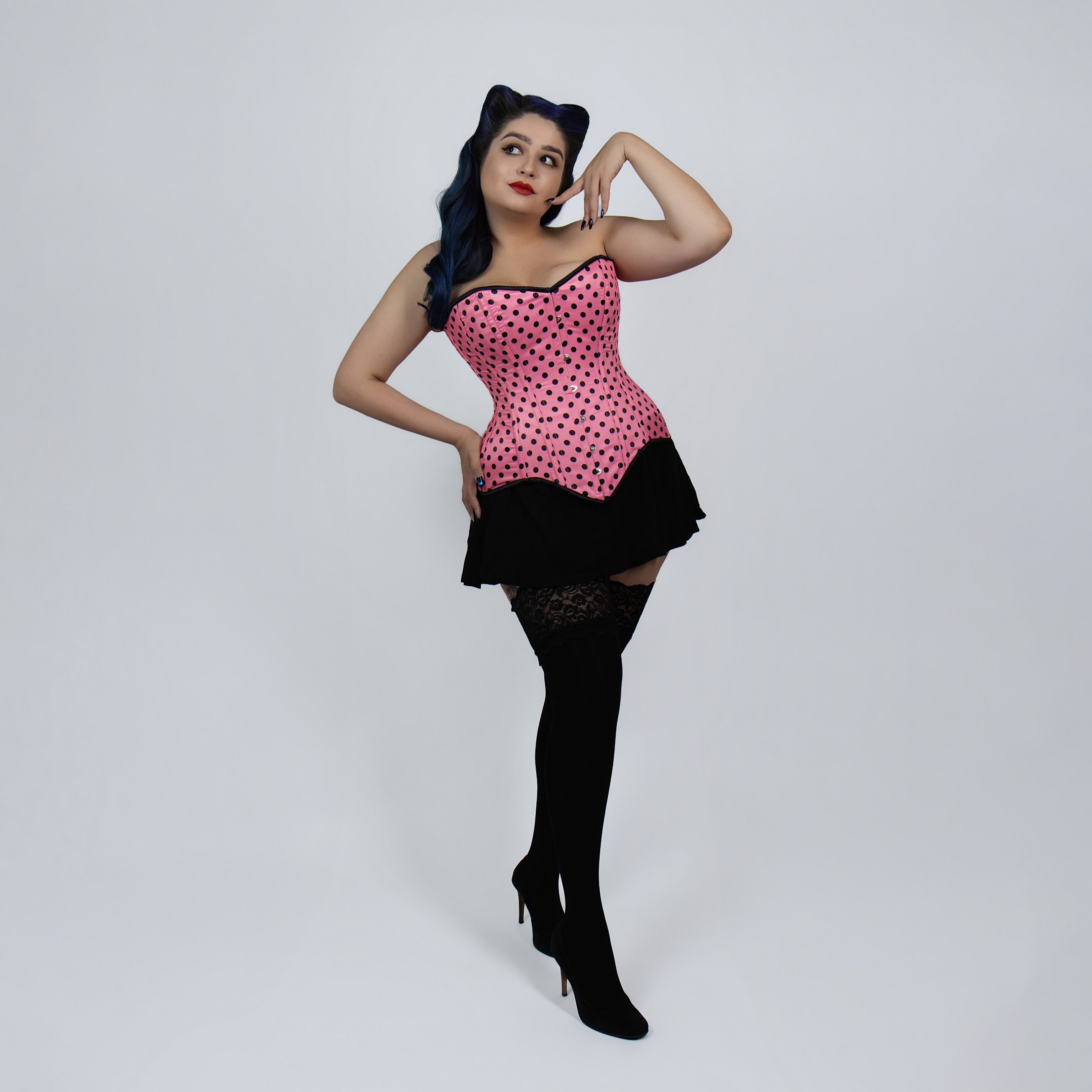 Jessica - Rockabilly Pink Black Polka Dot Pin Up Corset