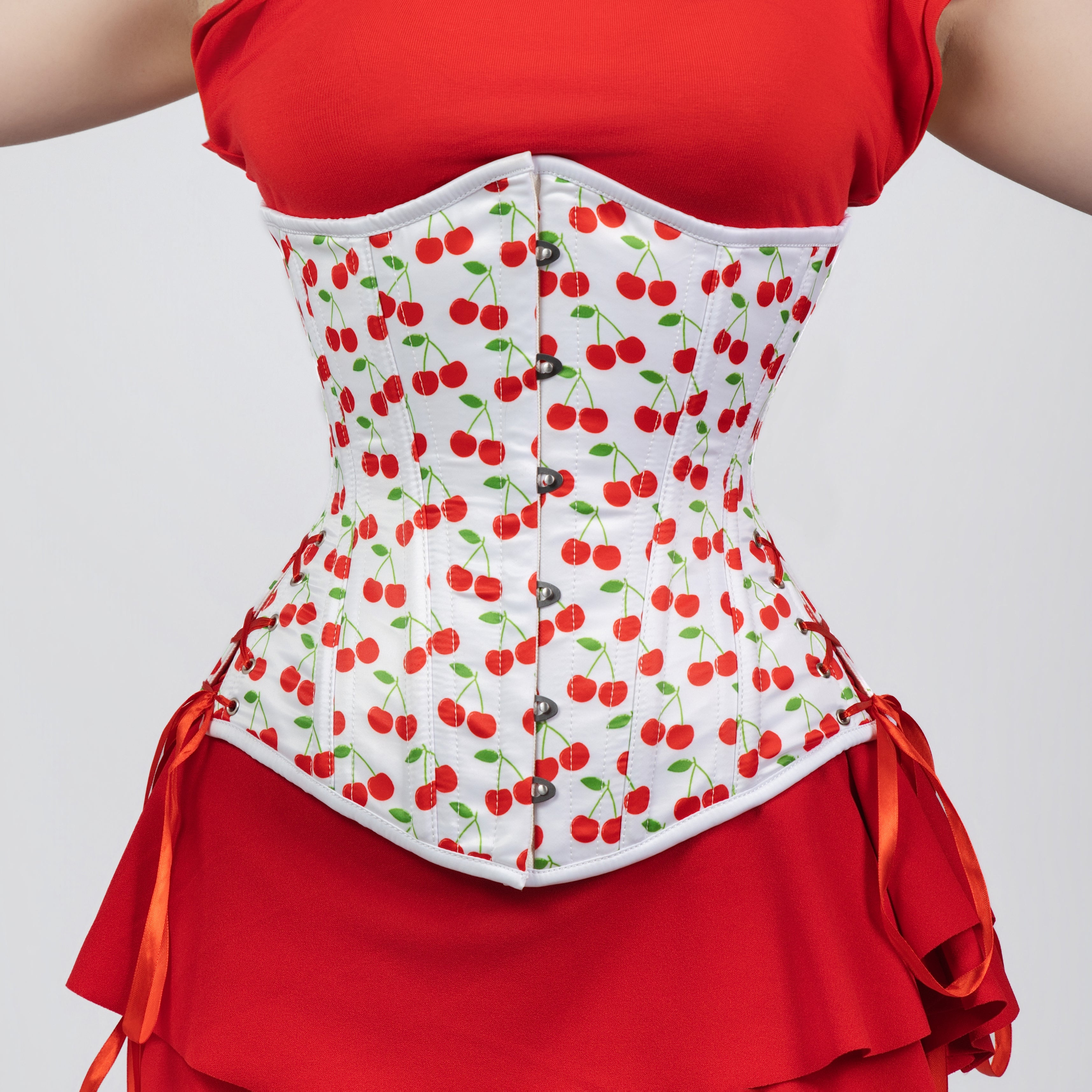 Susan - White Red Cherry Print Pin Up Corset with Adjustable Side Lacing