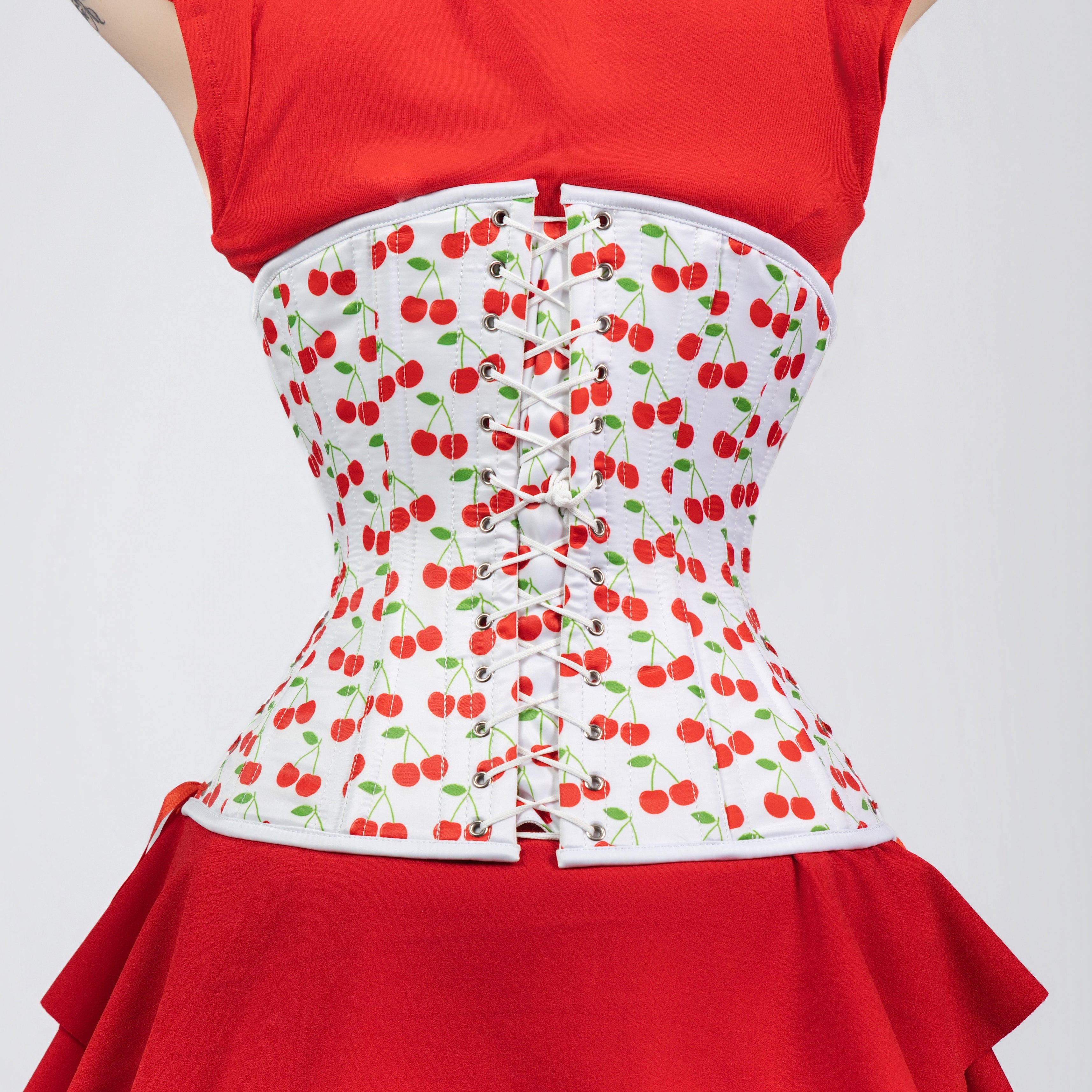 Susan - White Red Cherry Print Pin Up Corset with Adjustable Side Lacing