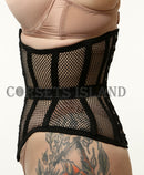 mina black mesh steel boned corset back view lace-up bone channels corsets island