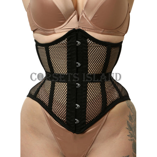 mina black mesh waist training corset front view hook and eye closure corsets island