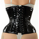 mina black pvc gothic corset back view lace-up eyelets modesty panel corsets island