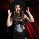 mina black and white striped satin corset gothic portrait witch hat corsets island