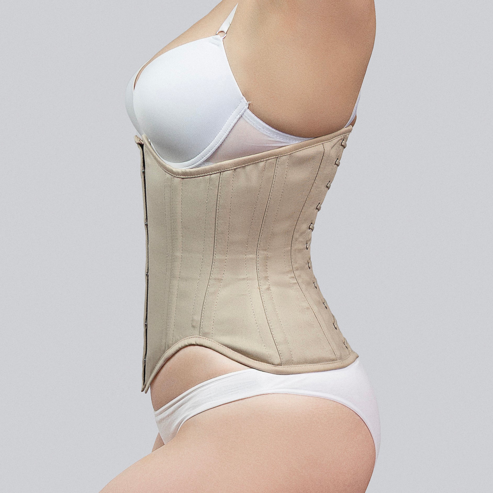 mina skin cotton underbust corset side view lace-up back steel boned corsets island