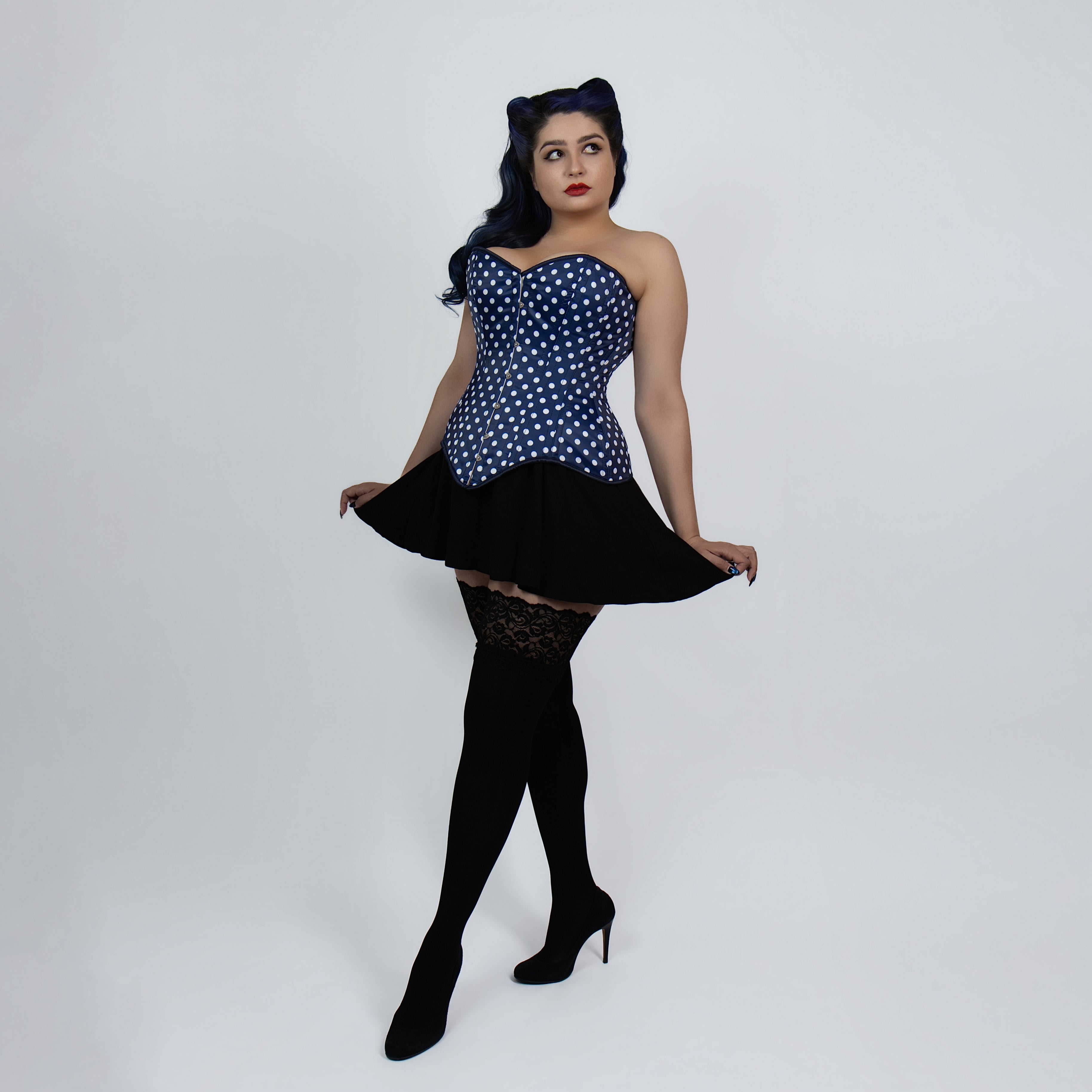 Jessica - Double Steel Boned Navy White Polka Dot Pin Up Corset