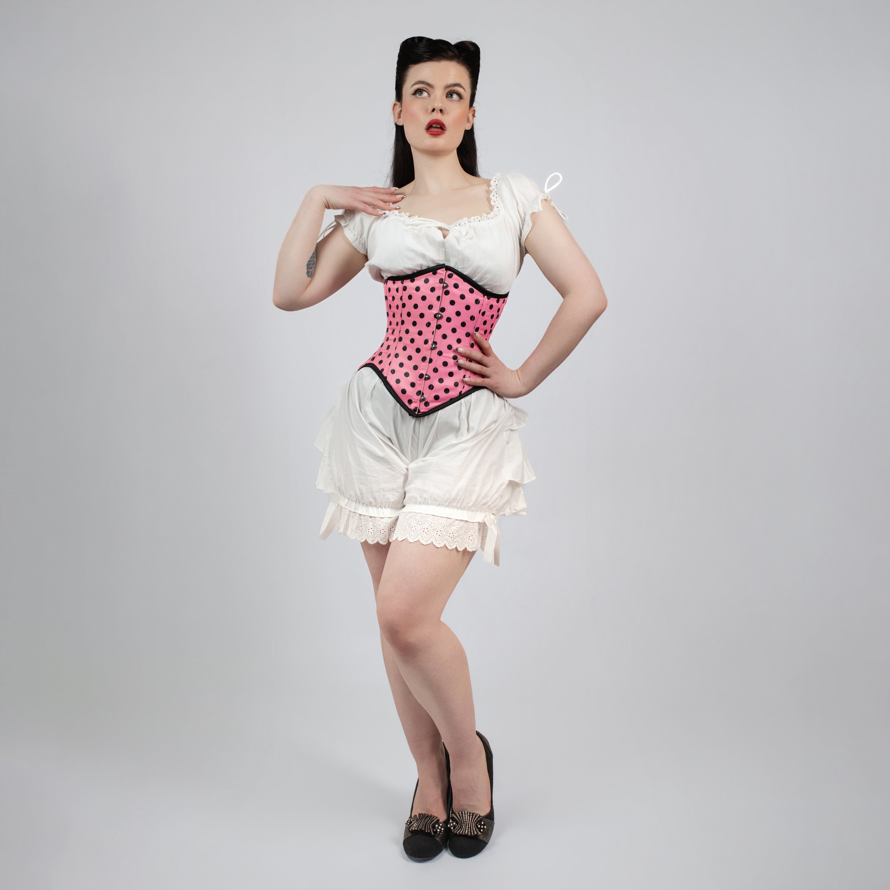 Mina - Double Steel Boned Pink Black Polka Dot Pin Up Corset