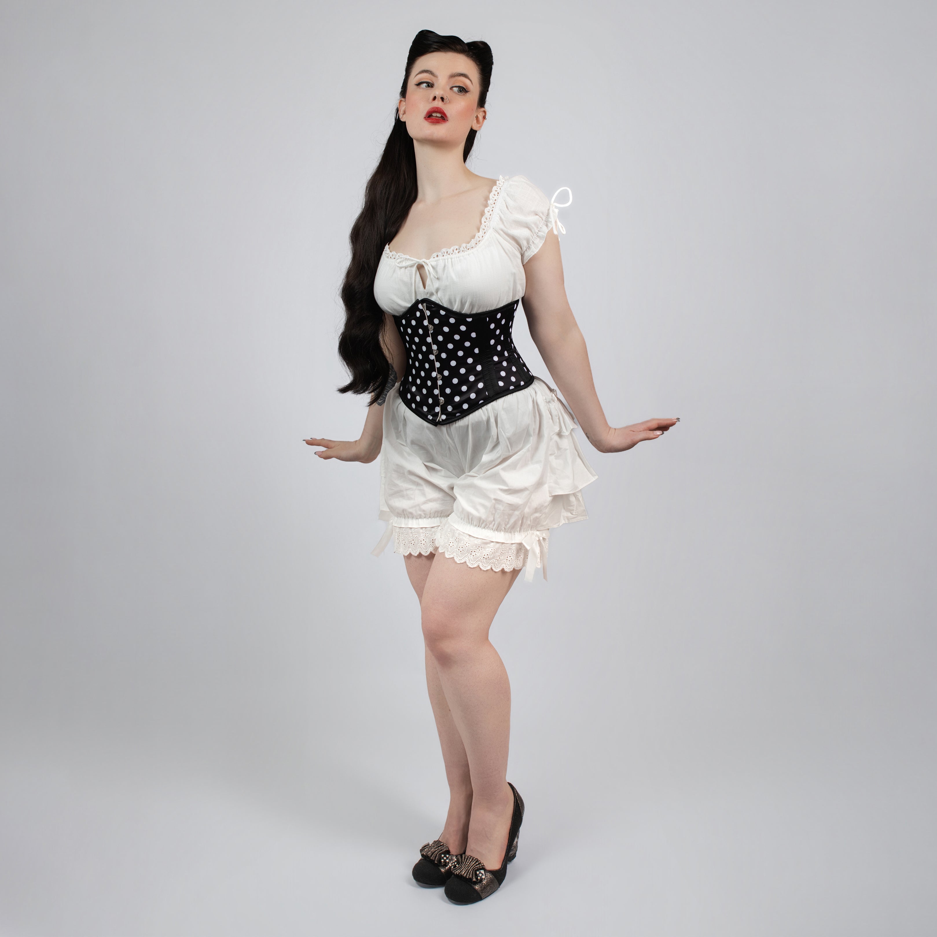 Lily - Black White Polka Dot Pin Up Steel Boned Waspie Corset