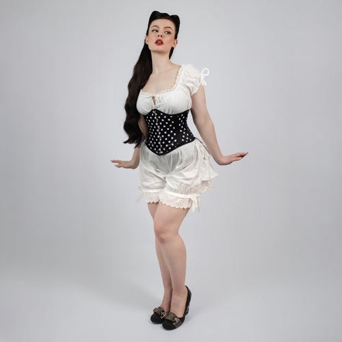 Lily - Black White Polka Dot Pin Up Steel Boned Waspie Corset