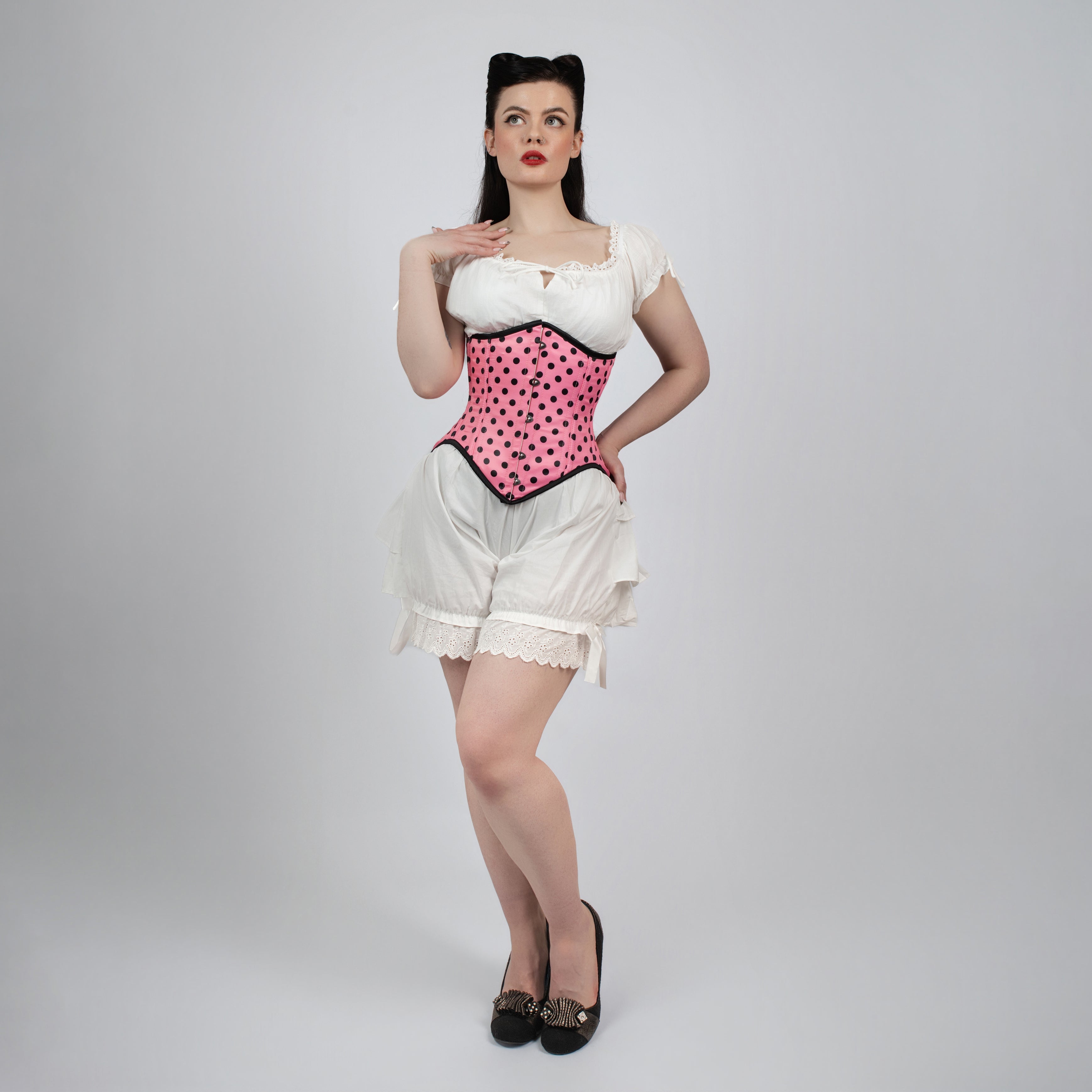 Mina - Double Steel Boned Pink Black Polka Dot Pin Up Corset