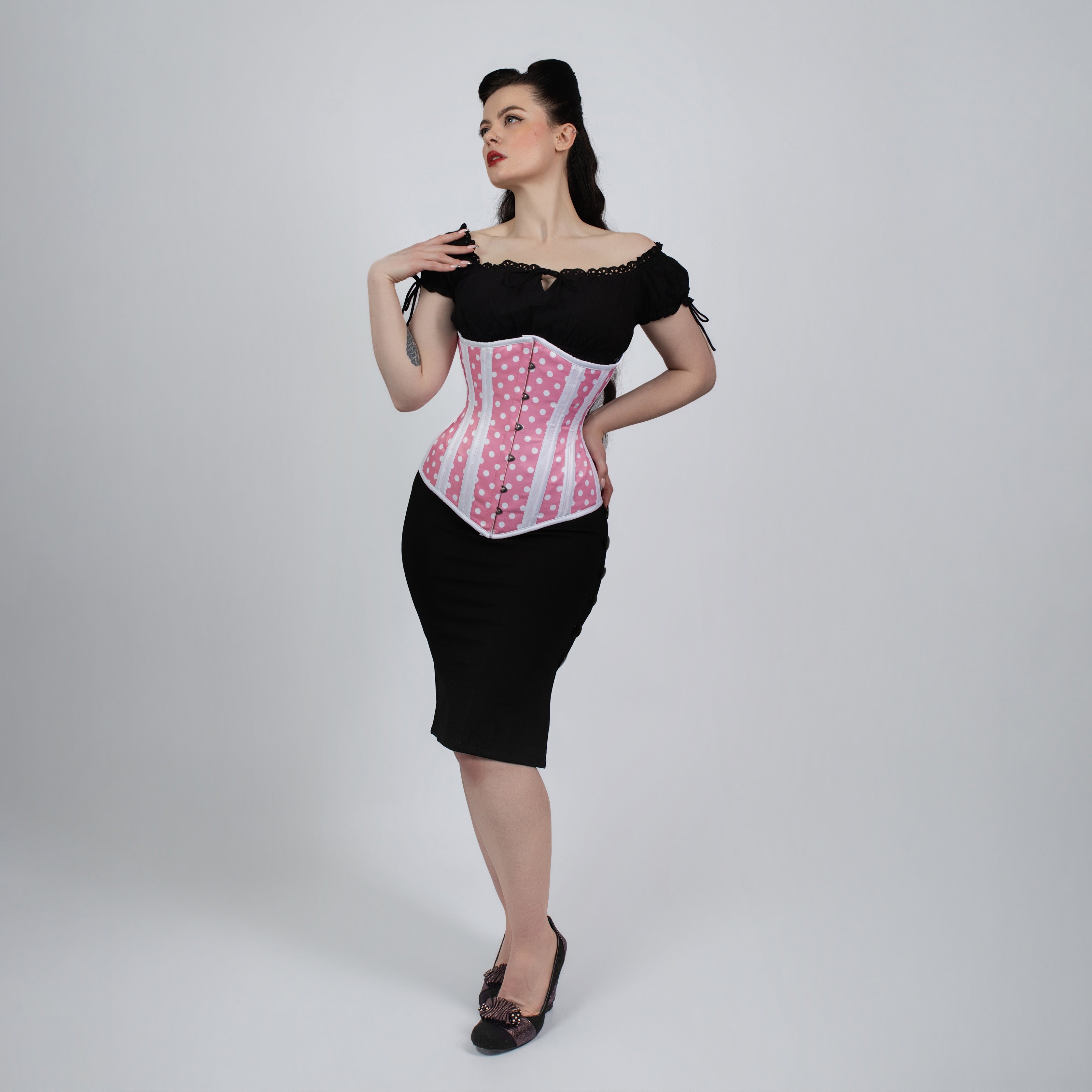 Cressida - Pink White Polka Dot Waist Training Curvy Corset