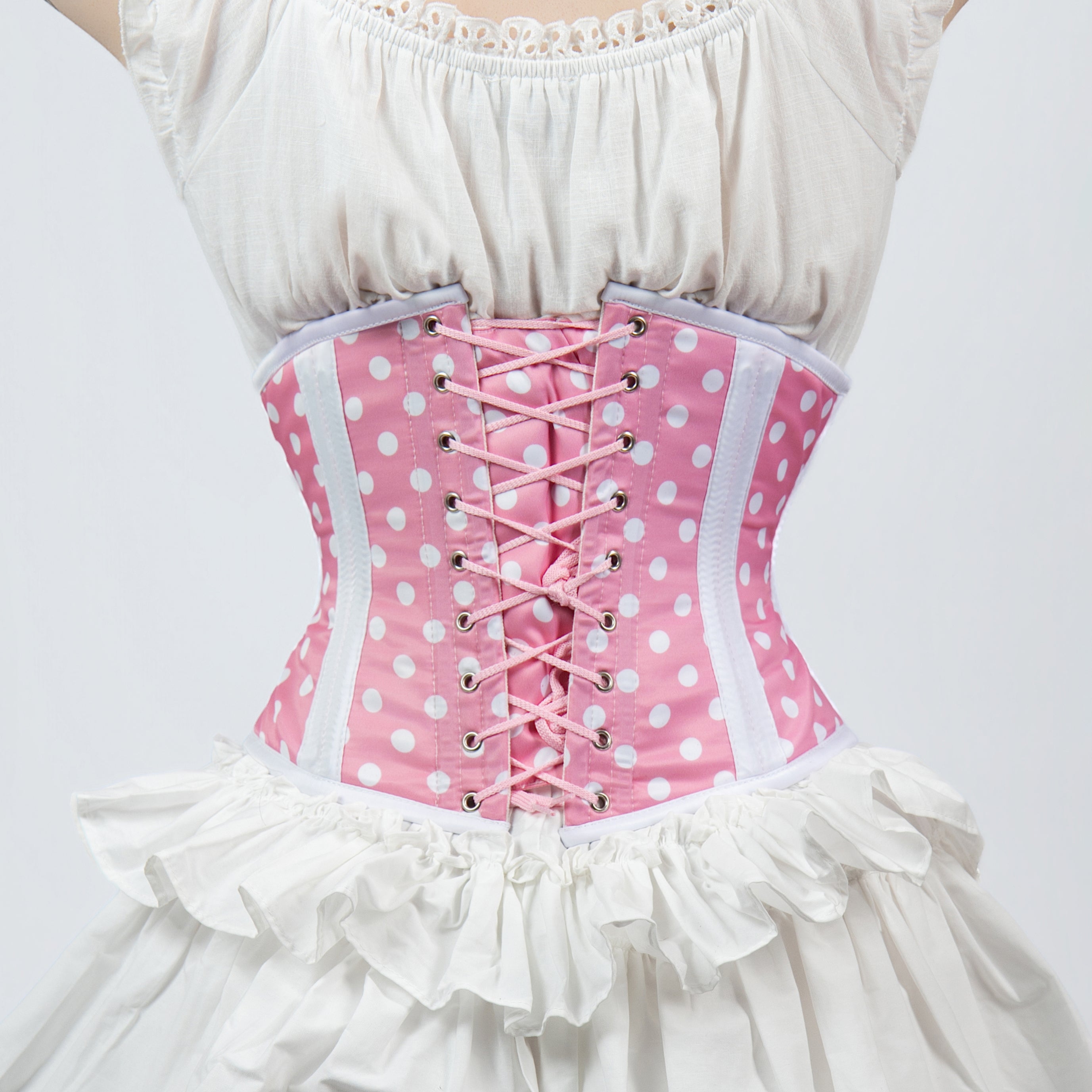 Bonnie - Pink White Polka Dot Pin Up Waist Training Steel Boned Corset