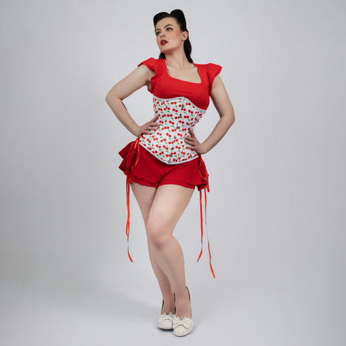 Susan - White Red Cherry Print Pin Up Corset with Adjustable Side Lacing