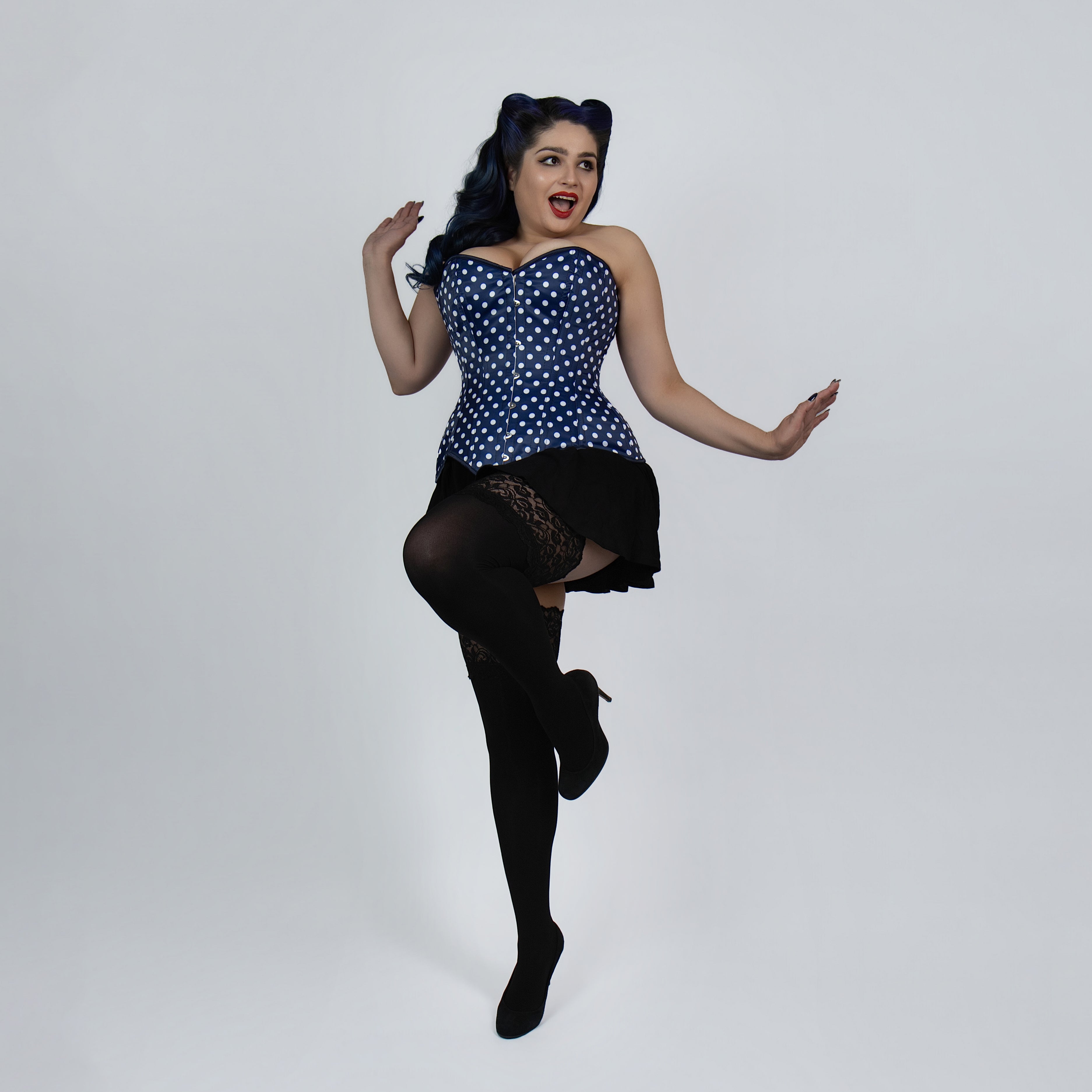 Jessica - Double Steel Boned Navy White Polka Dot Pin Up Corset