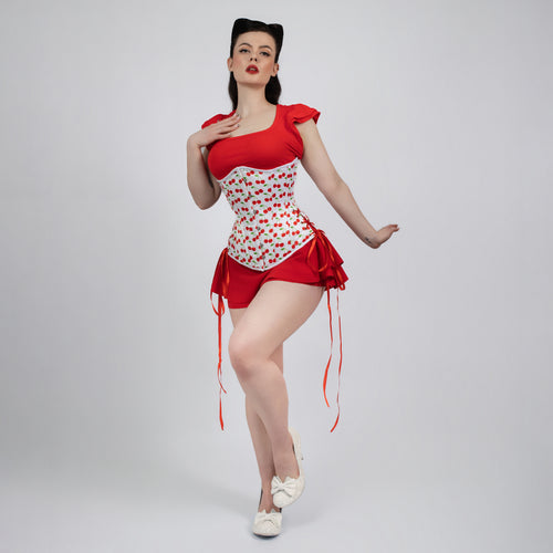 Susan - White Red Cherry Print Pin Up Corset with Adjustable Side Lacing