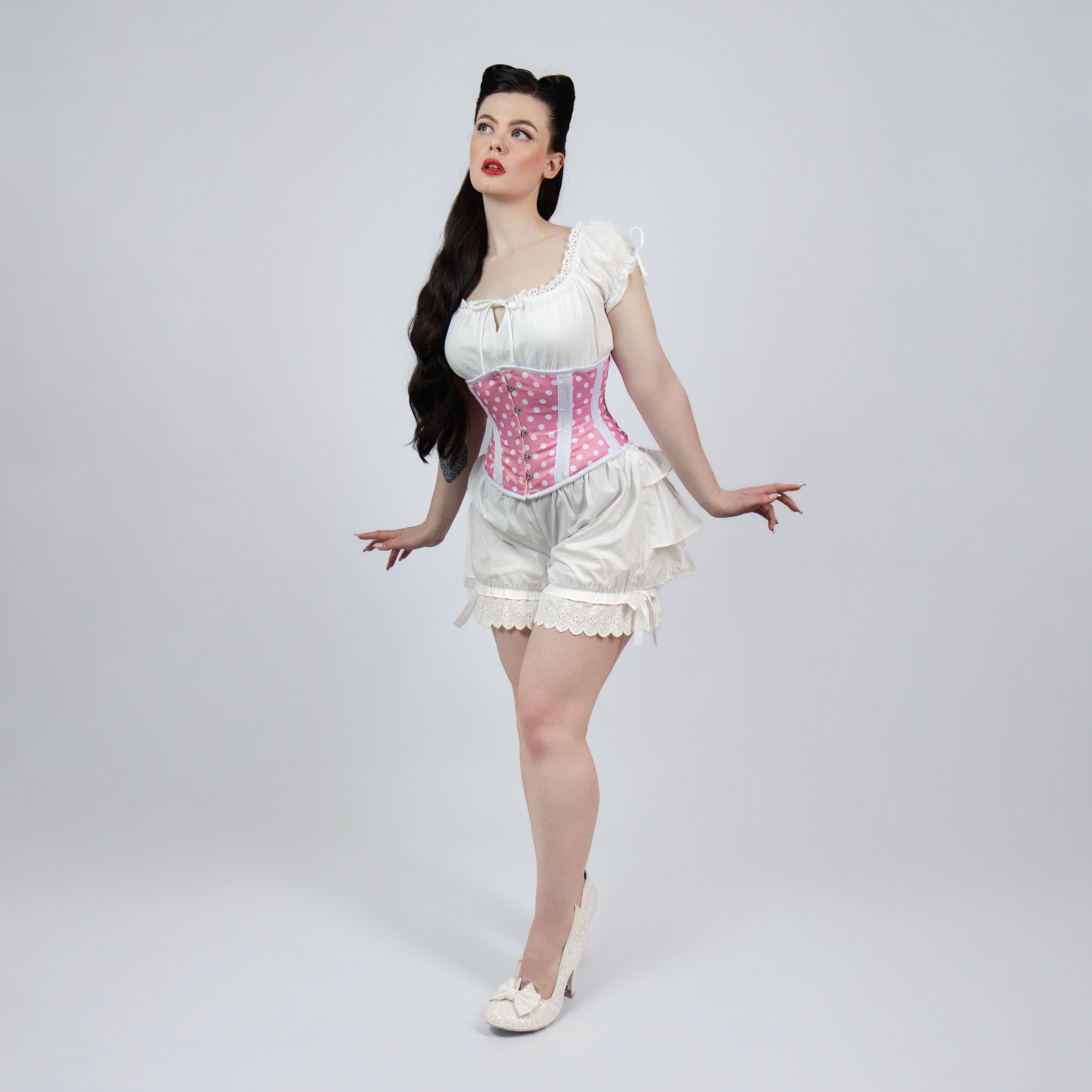Bonnie - Pink White Polka Dot Pin Up Waist Training Steel Boned Corset