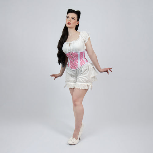 Bonnie - Pink White Polka Dot Pin Up Waist Training Steel Boned Corset