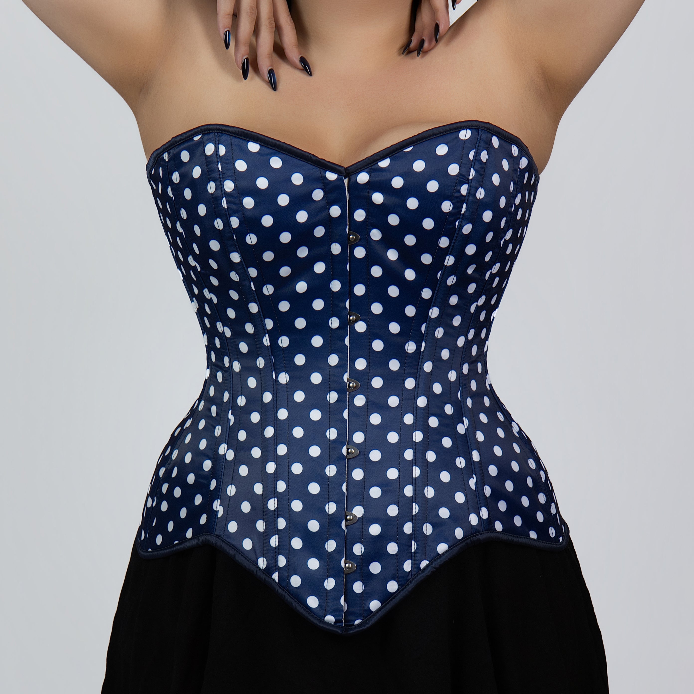 Jessica - Double Steel Boned Navy White Polka Dot Pin Up Corset