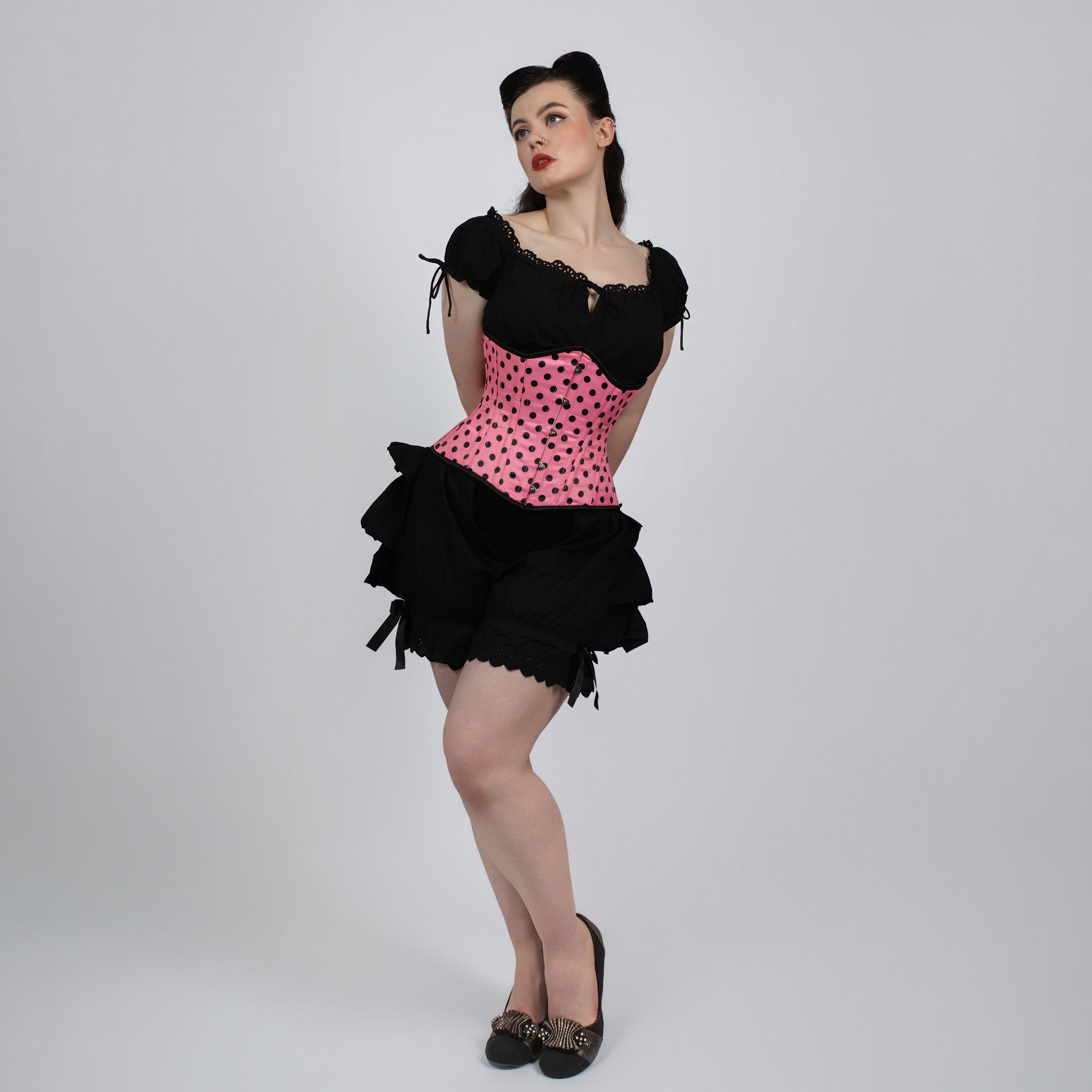 Anastasia - Black Pink Polka Dot Pin Up Waist Training Steel Boned Corset