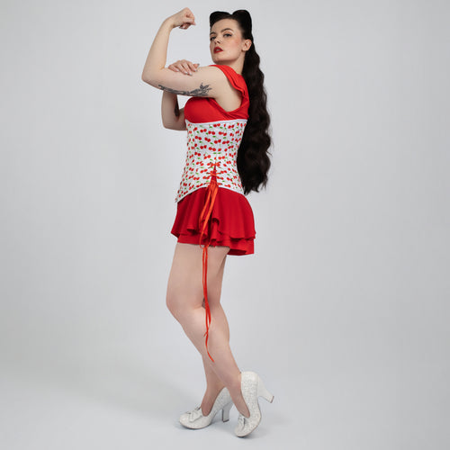 Susan - White Red Cherry Print Pin Up Corset with Adjustable Side Lacing