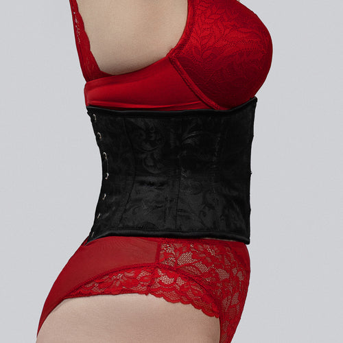 trixie black brocade waspie corset side view lace up back silver eyelets corsets island