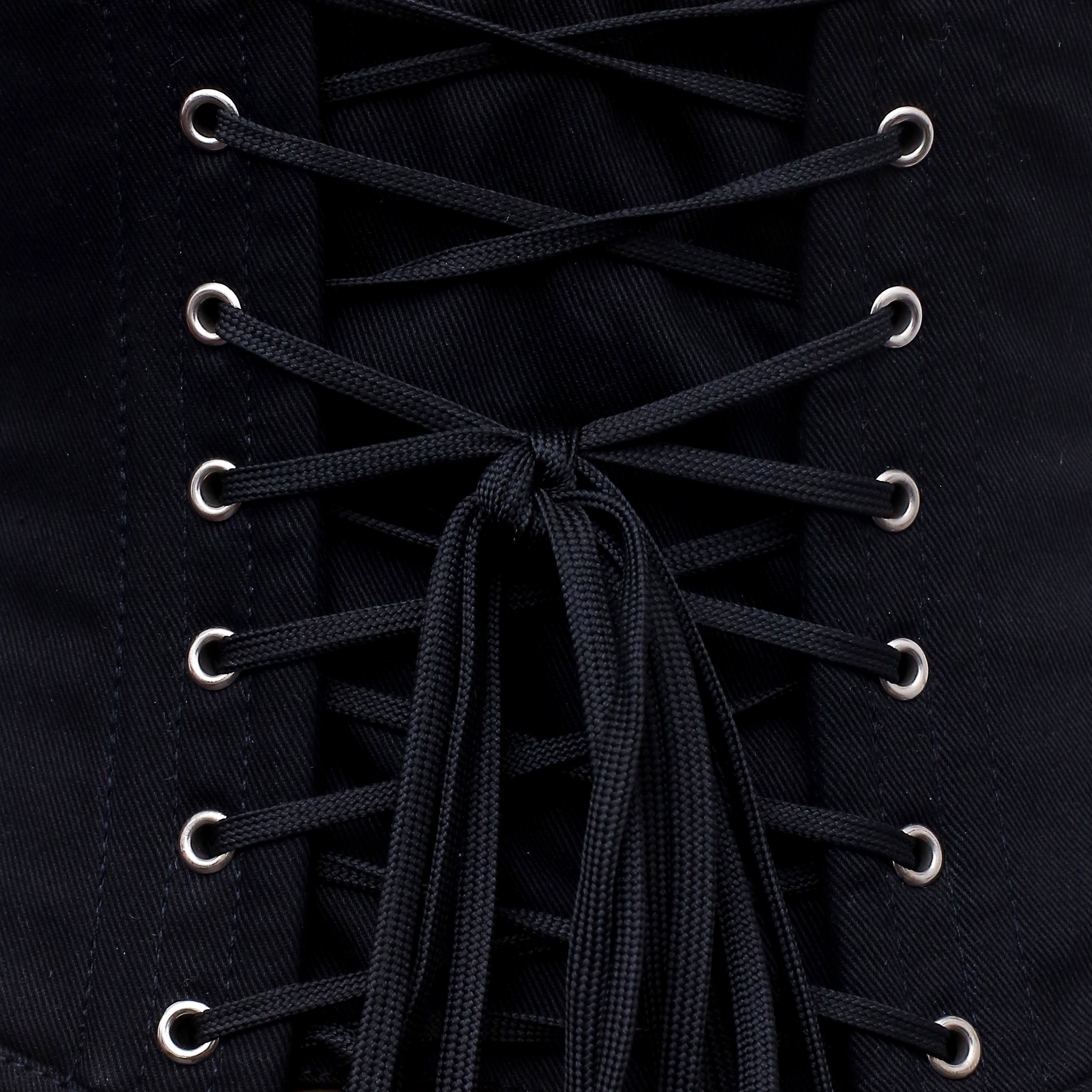 trixie black cotton waspie corset lace up back close up detail corsets island