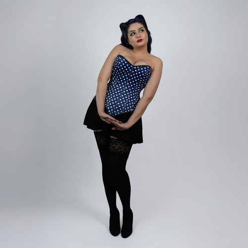 Jessica - Double Steel Boned Navy White Polka Dot Pin Up Corset