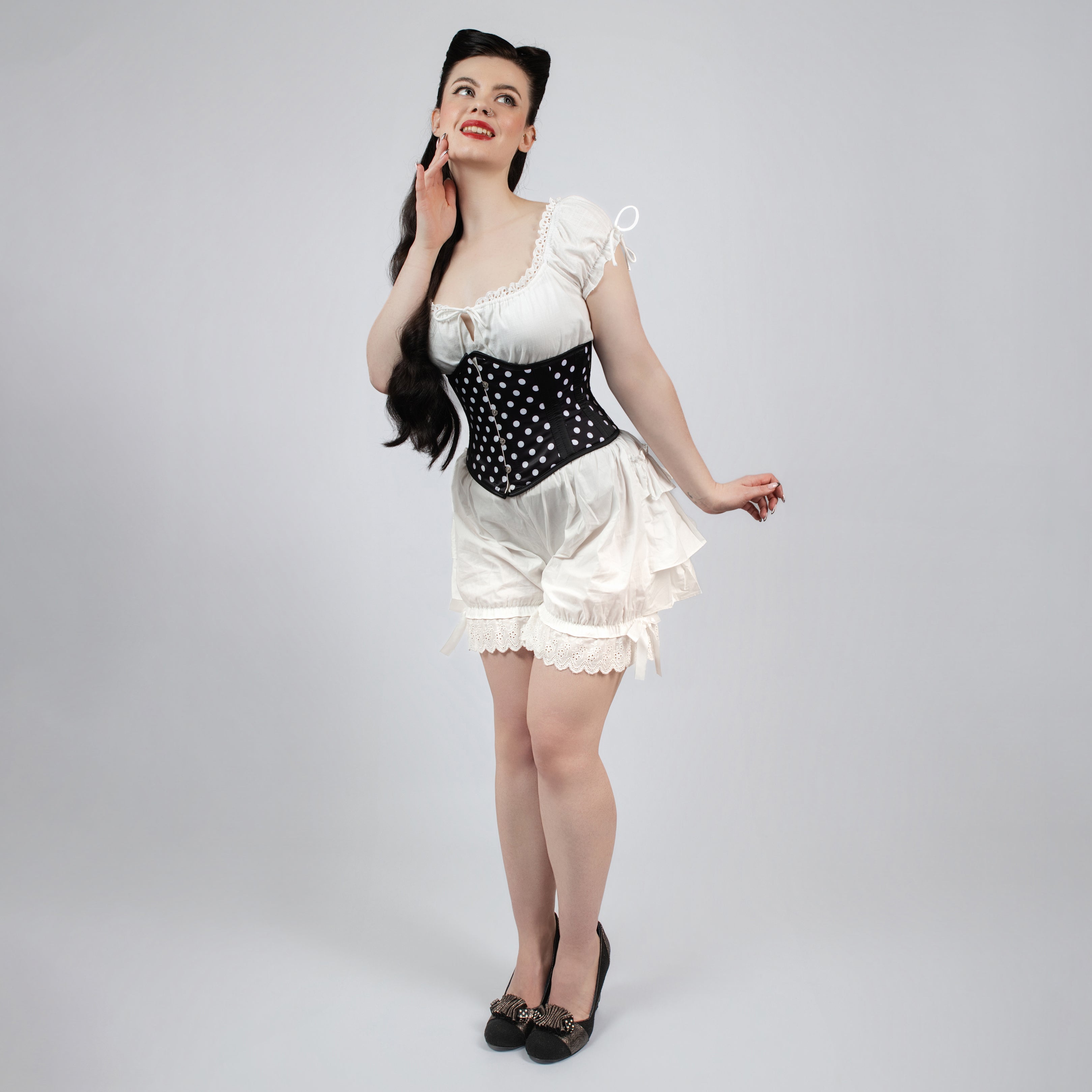 Lily - Black White Polka Dot Pin Up Steel Boned Waspie Corset