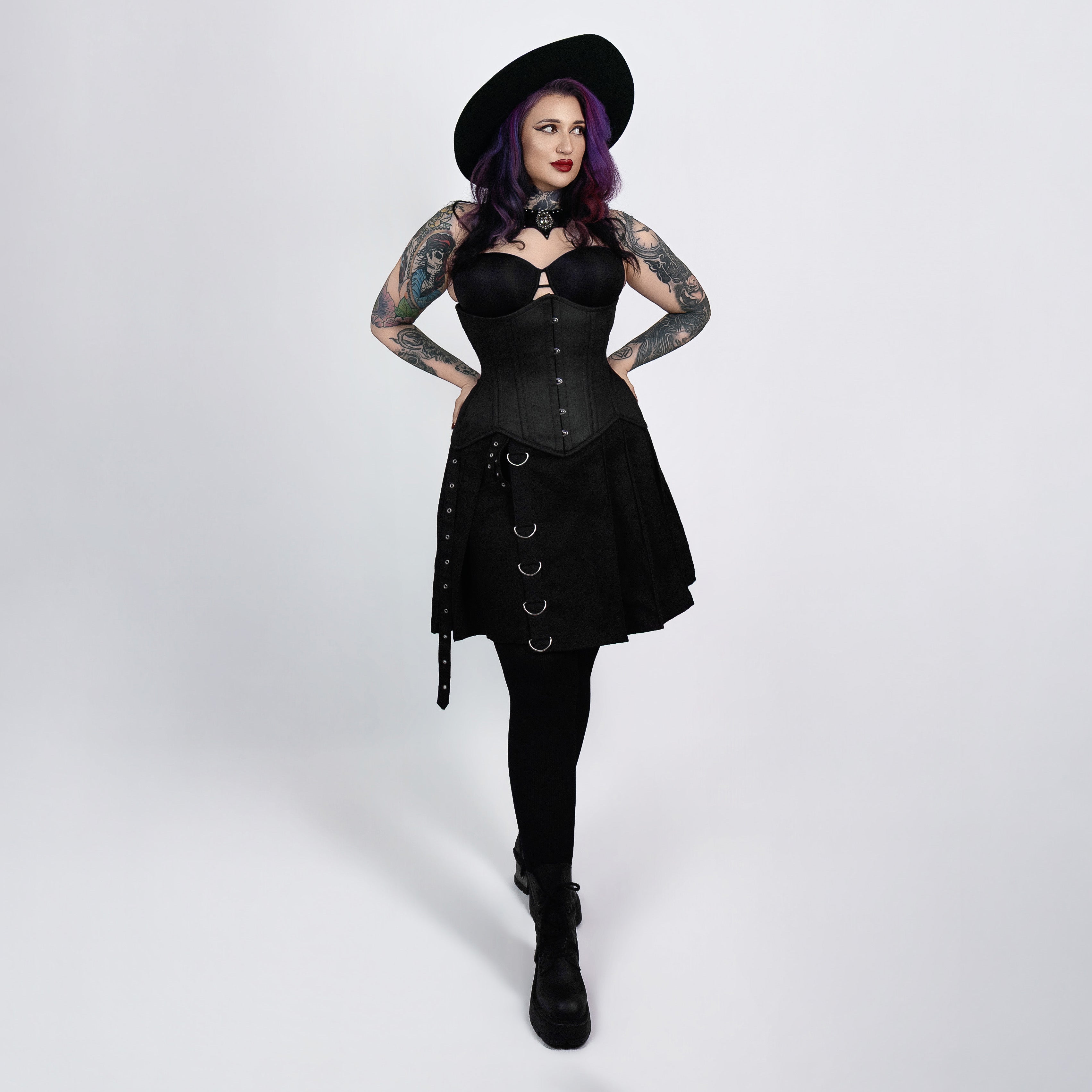 vivian black cotton curvy corset gothic fashion full body lifestyle shot corsets island
