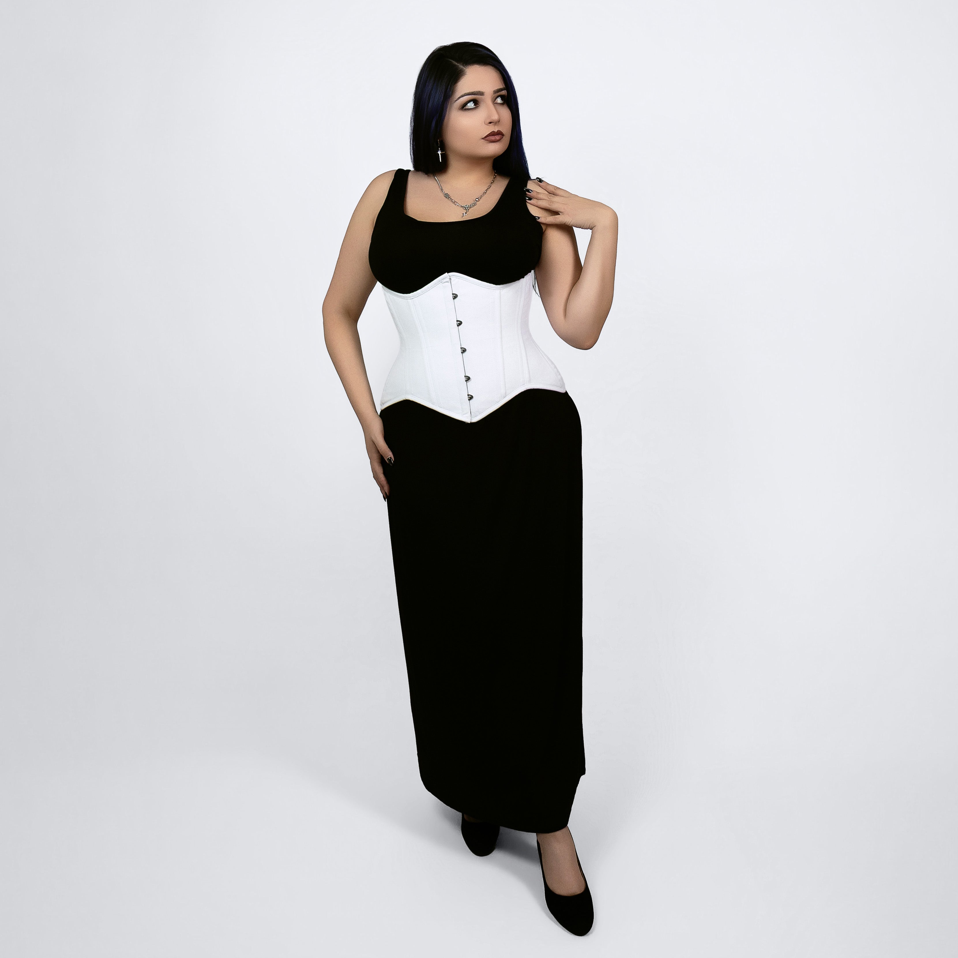 vivian white cotton curvy corset plus size full body front view waist shaping corsets island