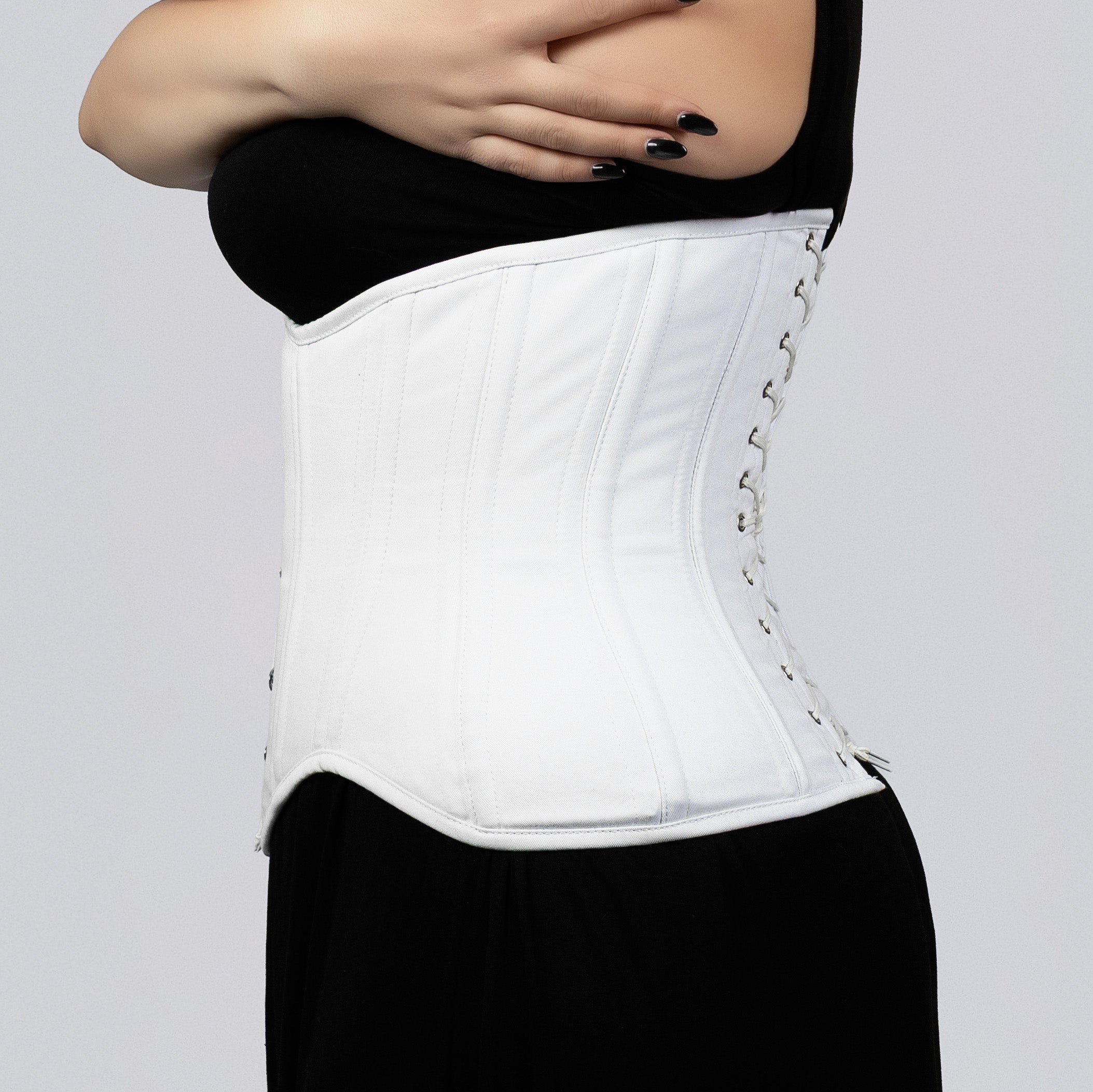 vivian white cotton curvy underbust corset side view lace-up back waist curve corsets island