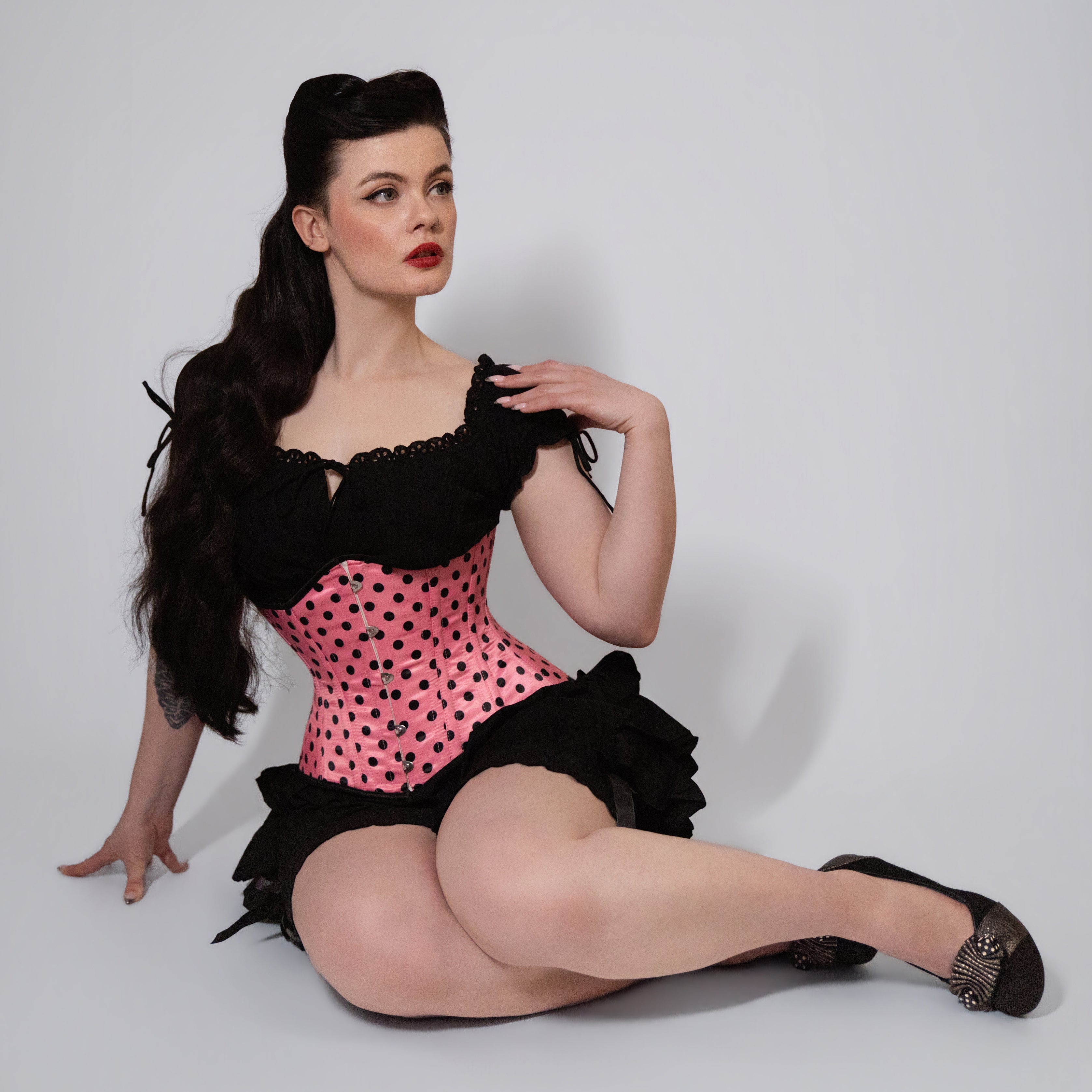Anastasia - Black Pink Polka Dot Pin Up Waist Training Steel Boned Corset