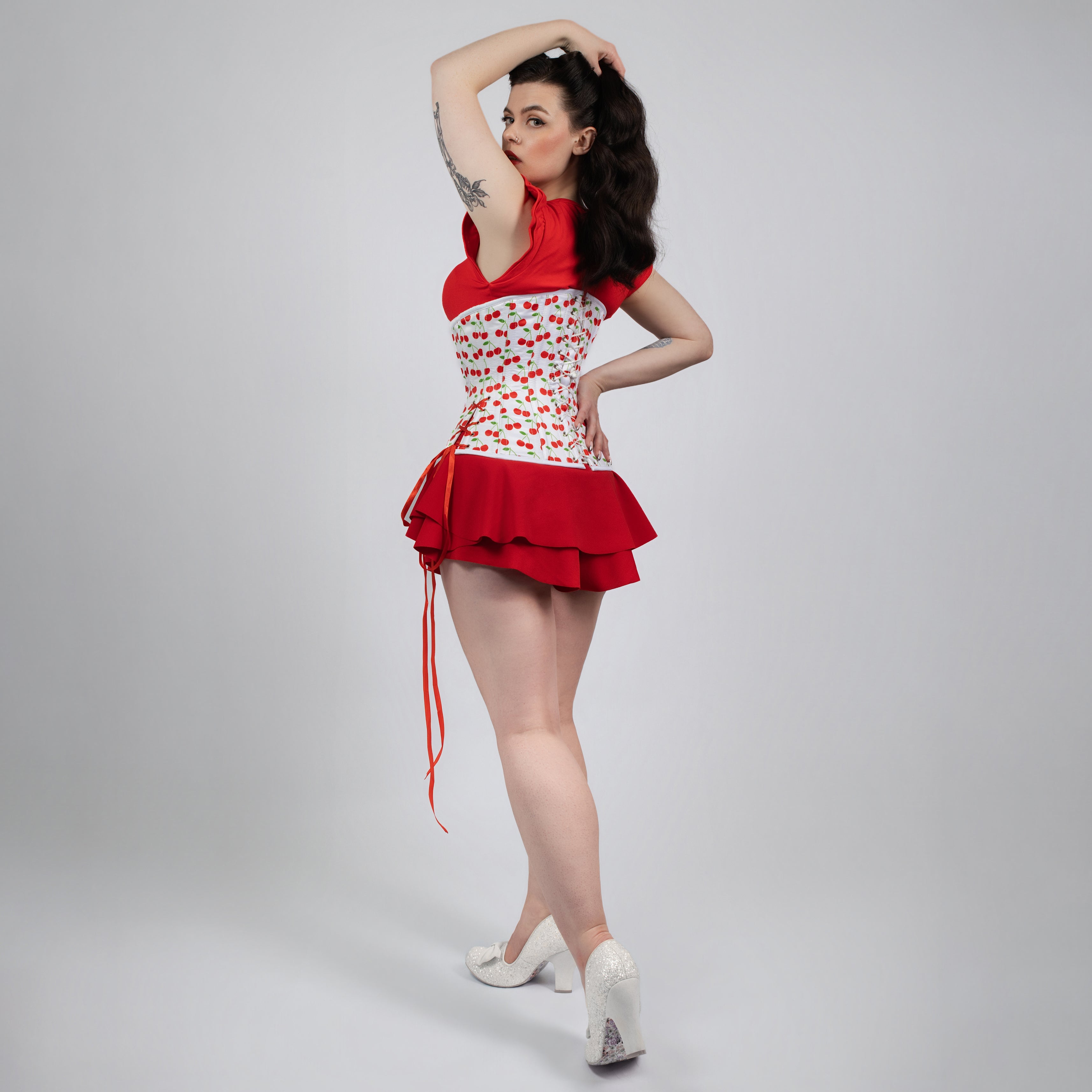 Susan - White Red Cherry Print Pin Up Corset with Adjustable Side Lacing